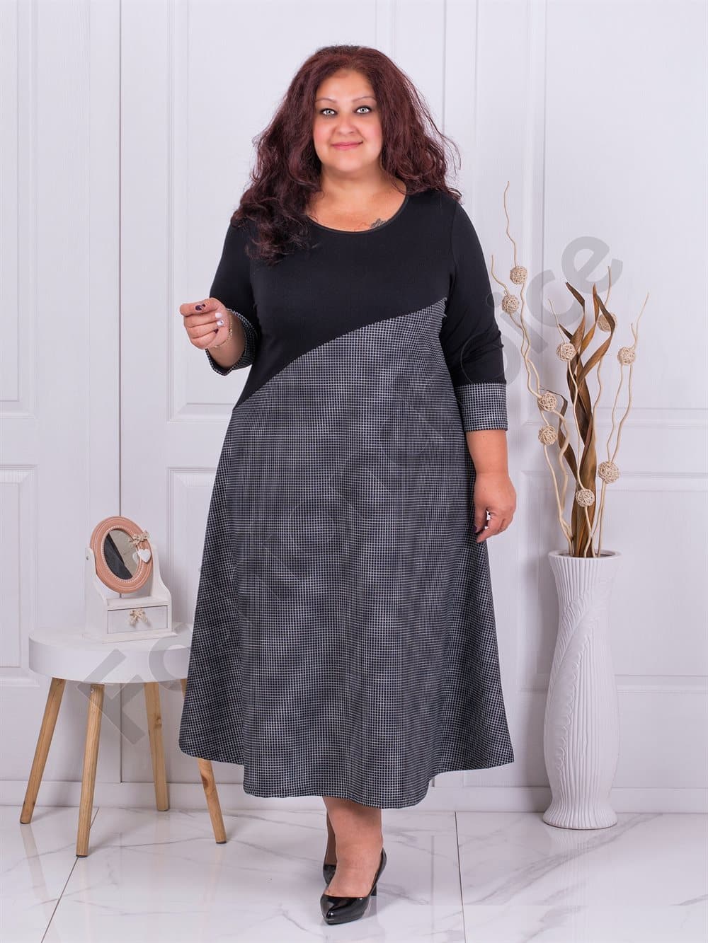 Plus size φόρεμα με ψηλό καρό σχέδιο-κωδ 662