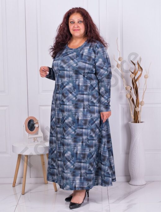 Plus size μακρύ φόρεμα με χρωματιστά μοτίβα-μπλε-κωδ 334