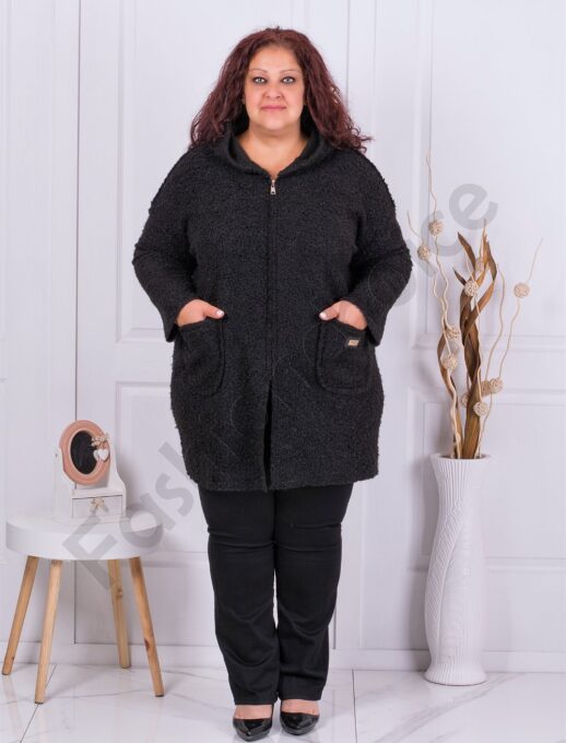 Plus size μπουκλέ παλτό με κουκούλα-μαύρο-κωδ 2138