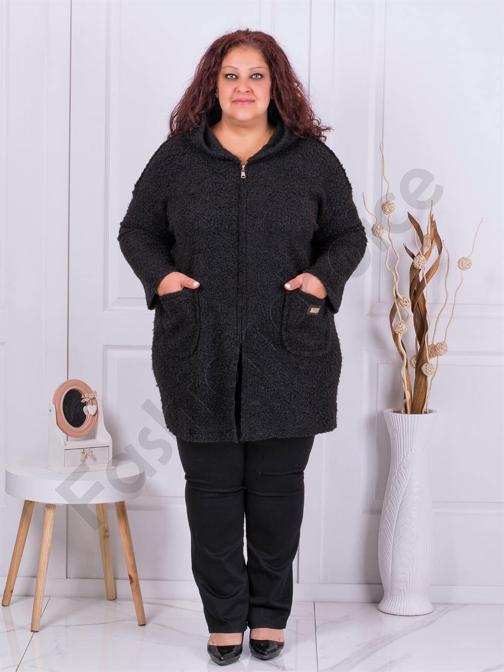 Plus size μπουκλέ παλτό με κουκούλα-μαύρο-κωδ 2138