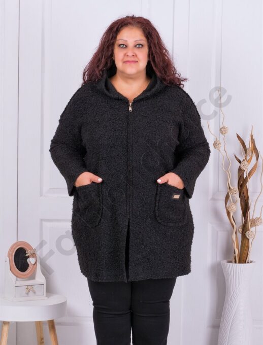 Plus size μπουκλέ παλτό με κουκούλα-μαύρο-κωδ 2138