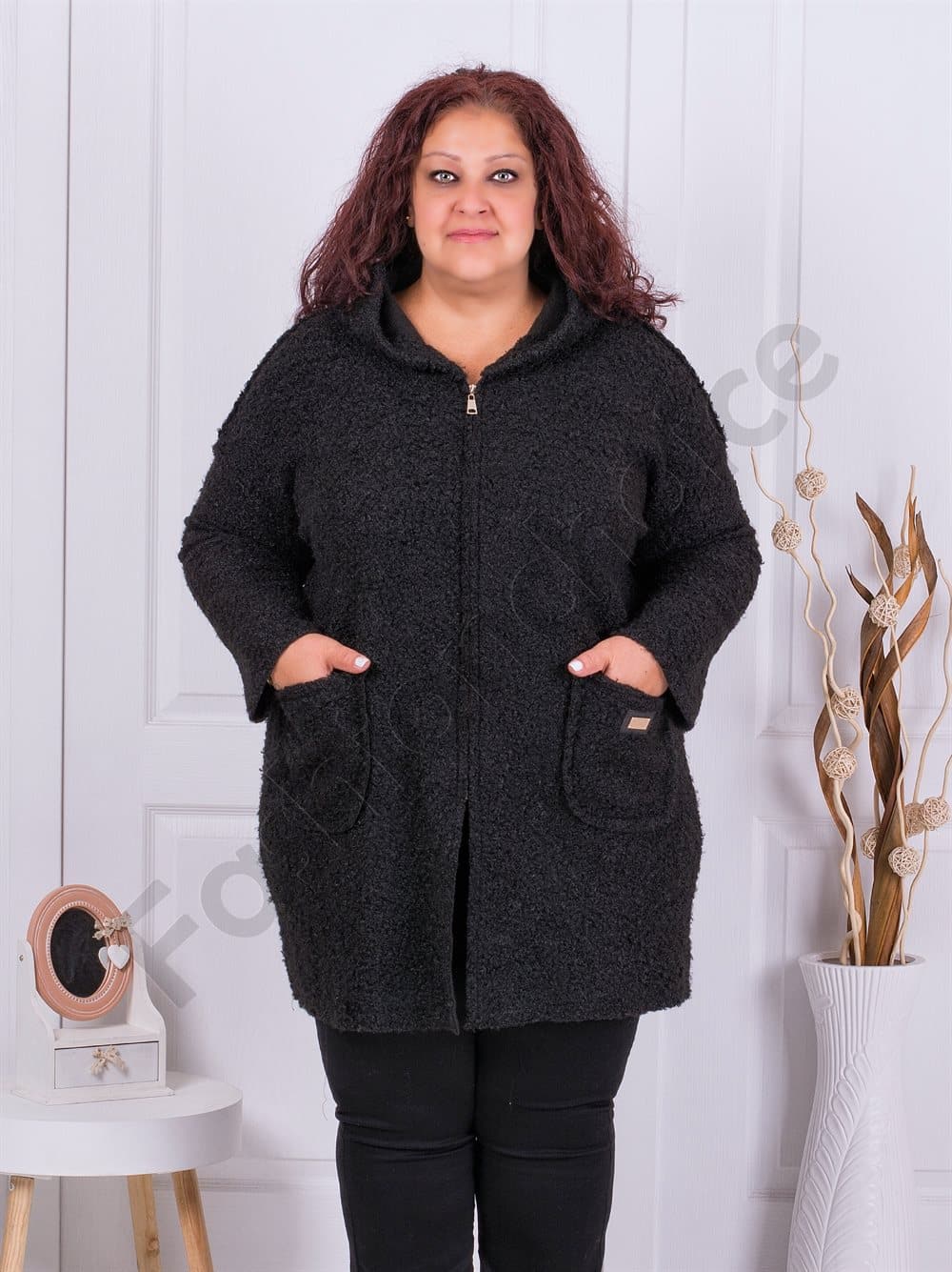 Plus size μπουκλέ παλτό με κουκούλα-μαύρο-κωδ 2138
