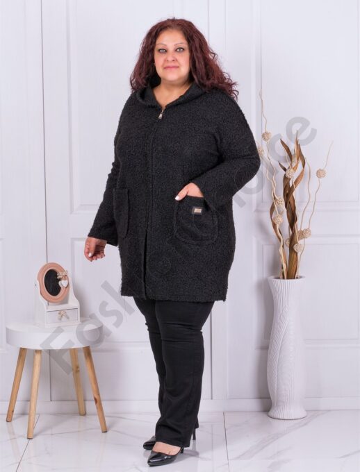 Plus size μπουκλέ παλτό με κουκούλα-μαύρο-κωδ 2138
