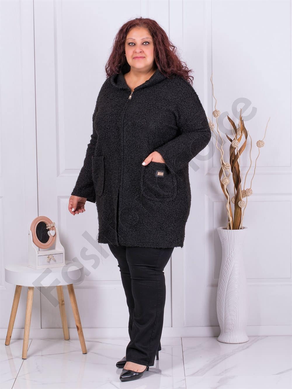 Plus size μπουκλέ παλτό με κουκούλα-μαύρο-κωδ 2138