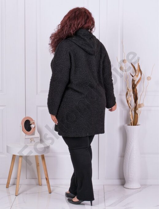 Plus size μπουκλέ παλτό με κουκούλα-μαύρο-κωδ 2138