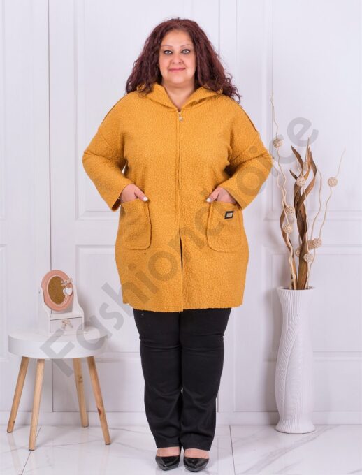 Plus size μπουκλέ παλτό με κουκούλα-μουσταρδί-κωδ 2138-4