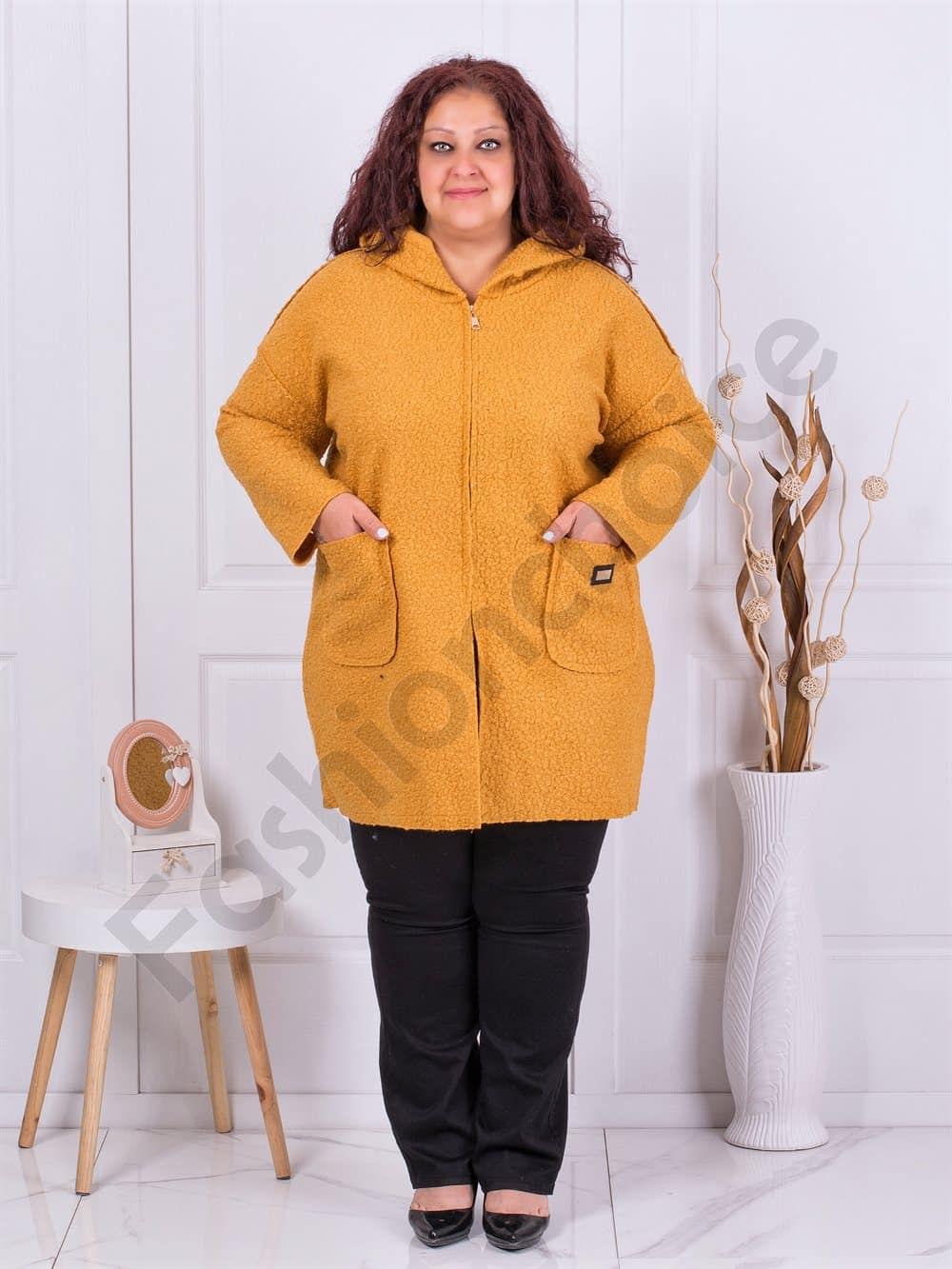 Plus size μπουκλέ παλτό με κουκούλα-μουσταρδί-κωδ 2138-4