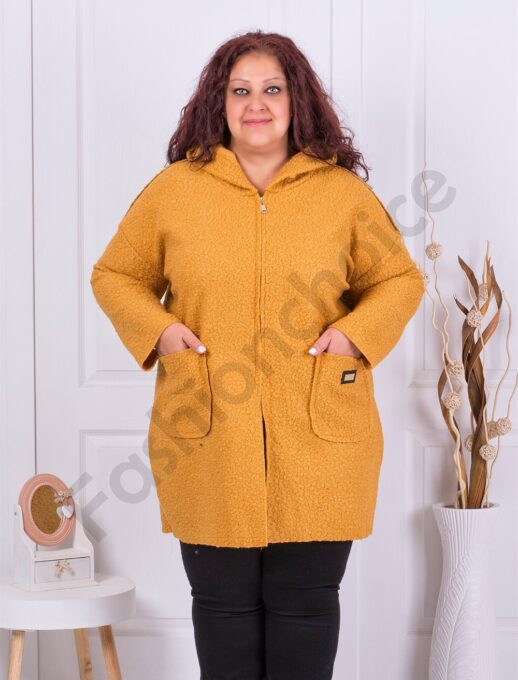 Plus size μπουκλέ παλτό με κουκούλα-μουσταρδί-κωδ 2138-4