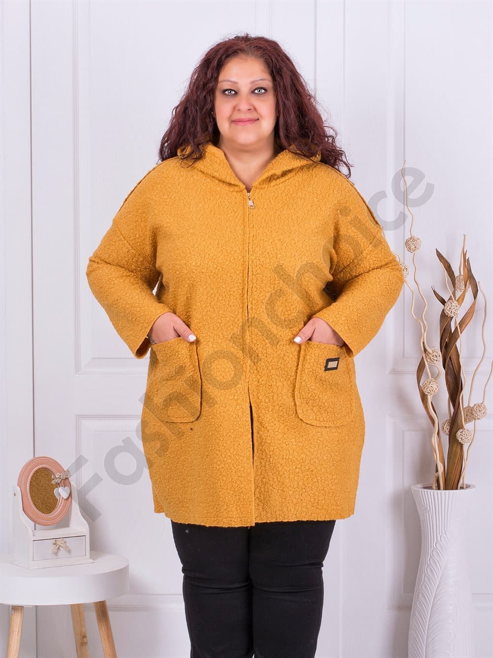 Plus size μπουκλέ παλτό με κουκούλα-μουσταρδί-κωδ 2138-4