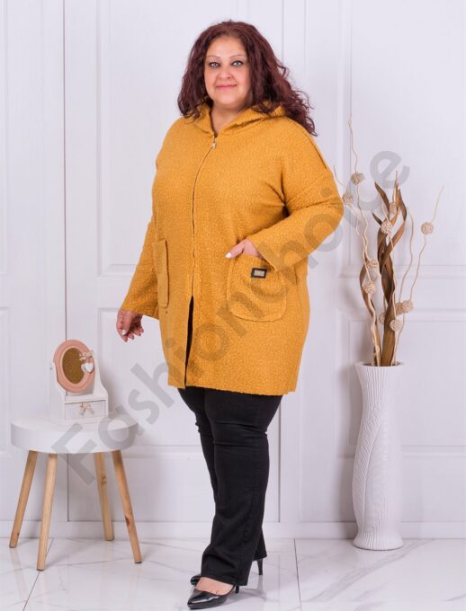 Plus size μπουκλέ παλτό με κουκούλα-μουσταρδί-κωδ 2138-4
