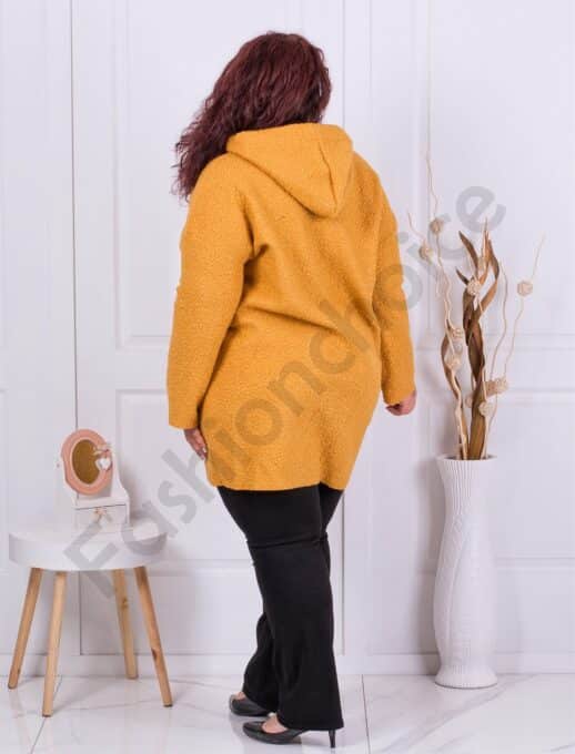 Plus size μπουκλέ παλτό με κουκούλα-μουσταρδί-κωδ 2138-4