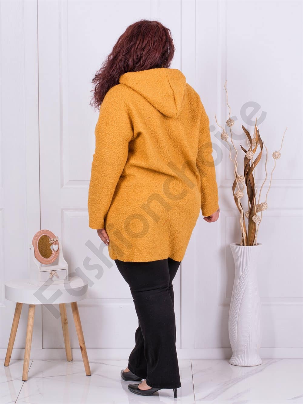 Plus size μπουκλέ παλτό με κουκούλα-μουσταρδί-κωδ 2138-4