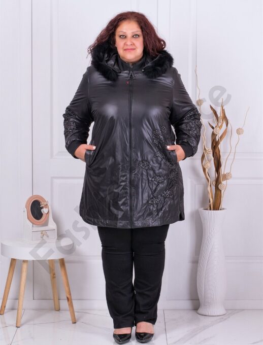 Plus size μπουφάν με διακόσμηση και φυσική γούνα στην κουκούλα-κωδ 71164