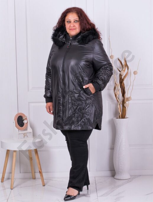 Plus size μπουφάν με διακόσμηση και φυσική γούνα στην κουκούλα-κωδ 71164