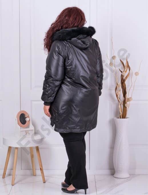 Plus size μπουφάν με διακόσμηση και φυσική γούνα στην κουκούλα-κωδ 71164