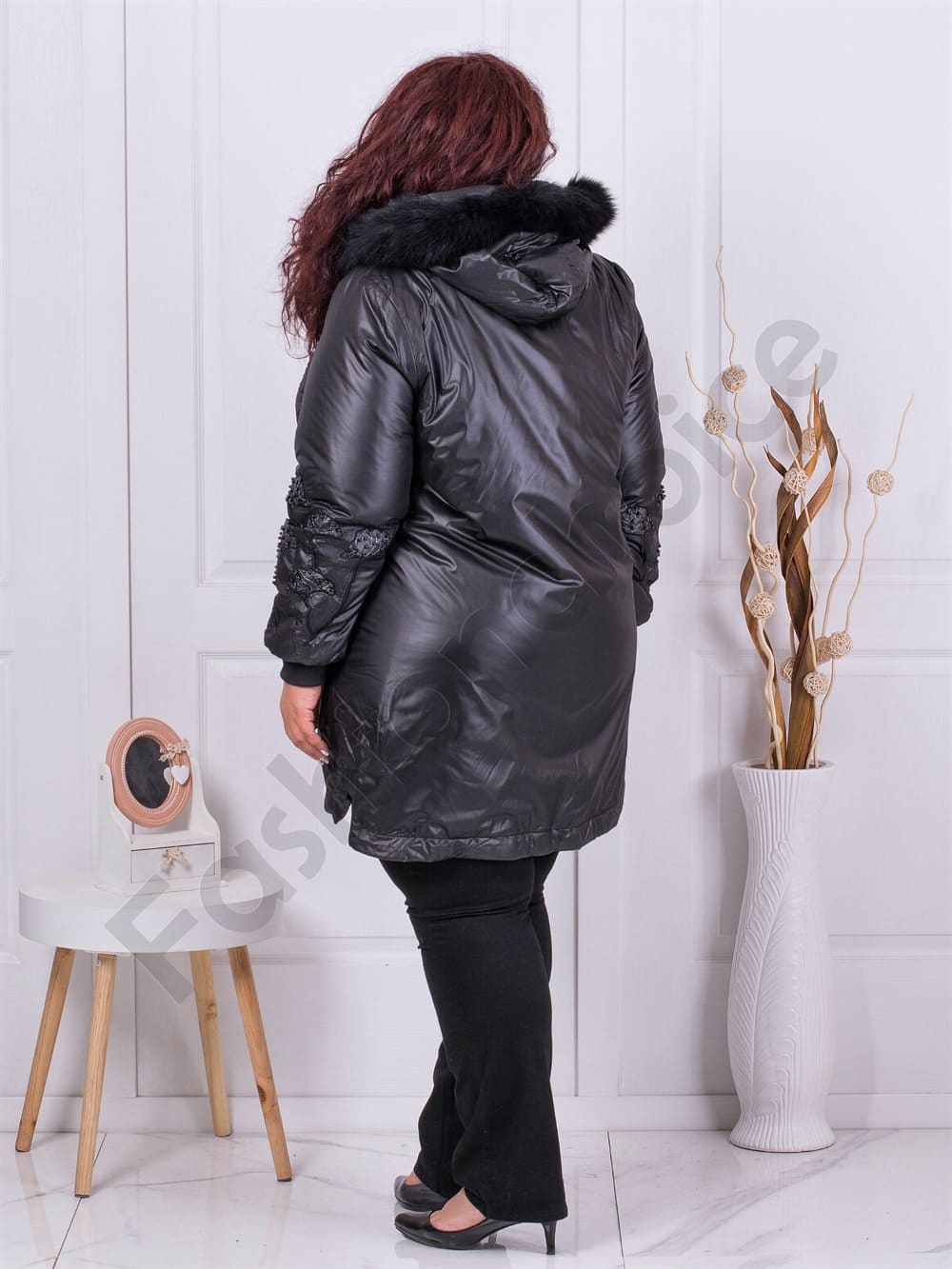 Plus size μπουφάν με διακόσμηση και φυσική γούνα στην κουκούλα-κωδ 71164