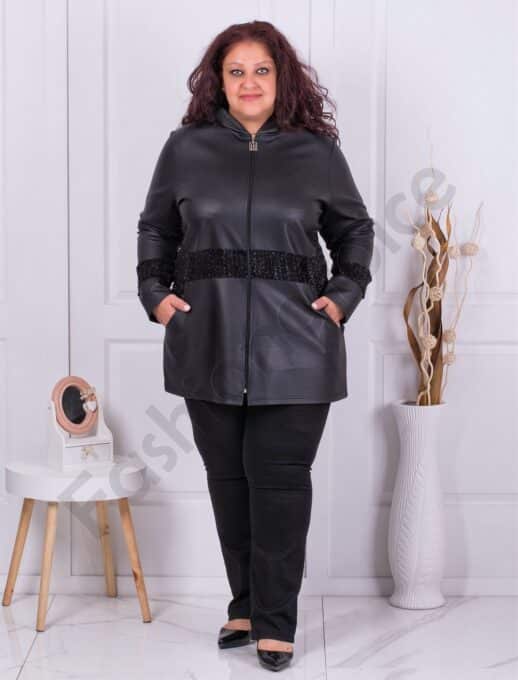 Plus size έκο δερμάτινο ζακέτα με κουκούλα-μαύρο-κωδ 1340