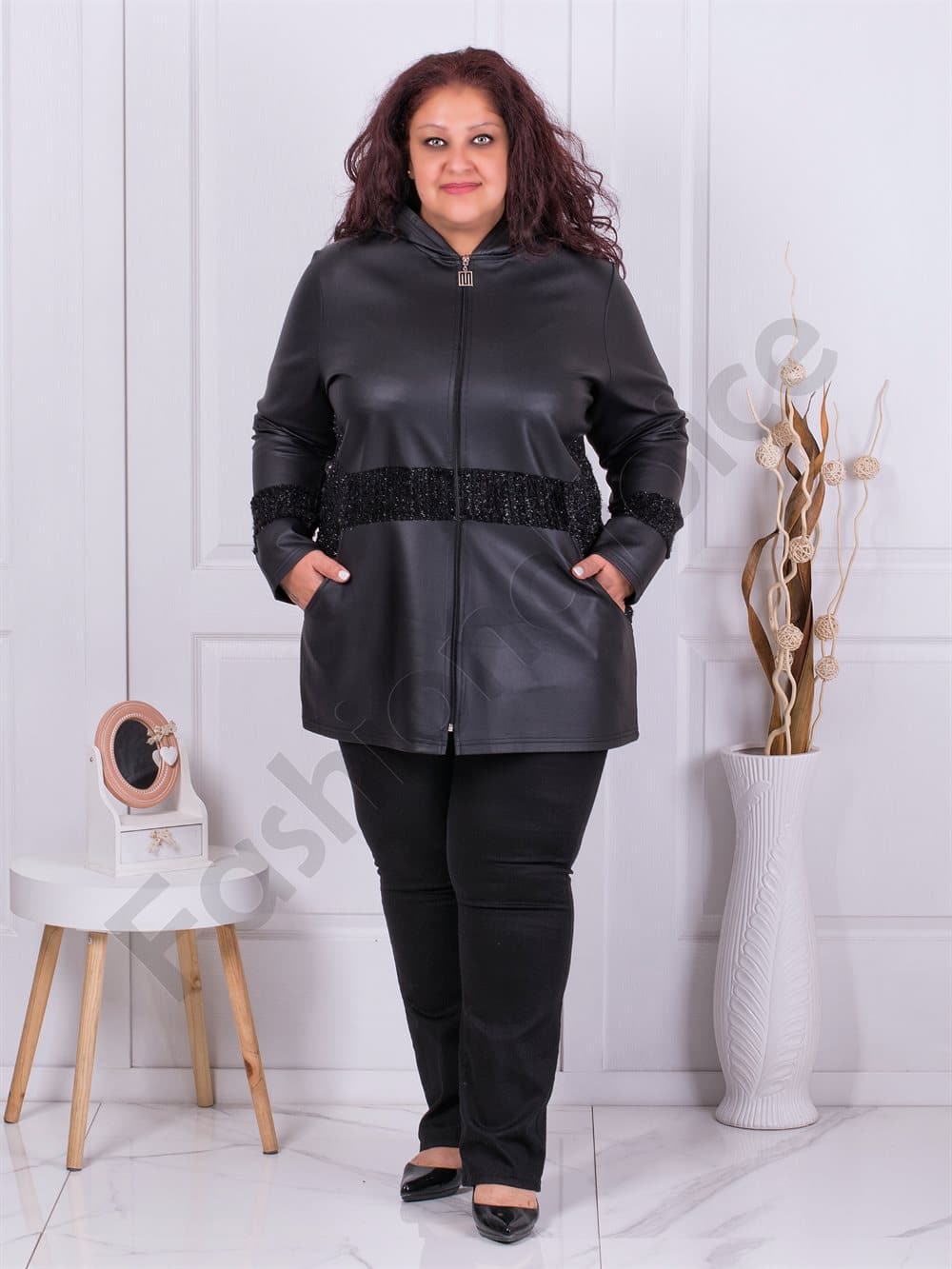 Plus size έκο δερμάτινο ζακέτα με κουκούλα-μαύρο-κωδ 1340