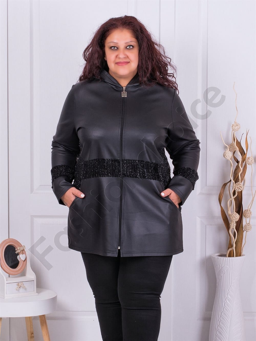Plus size έκο δερμάτινη ζακέτα με κουκούλα-μαύρο-κωδ 1340 - Image 5