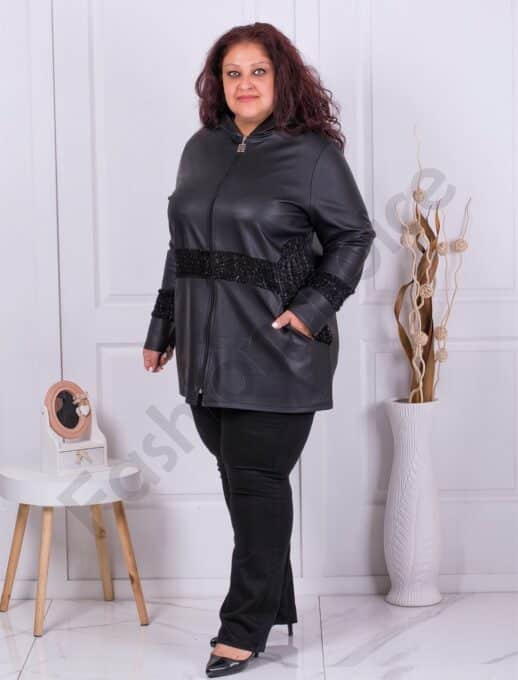 Plus size έκο δερμάτινο ζακέτα με κουκούλα-μαύρο-κωδ 1340