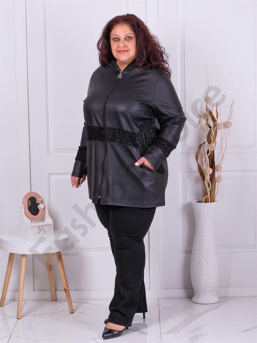 Plus size έκο δερμάτινο ζακέτα με κουκούλα-μαύρο-κωδ 1340