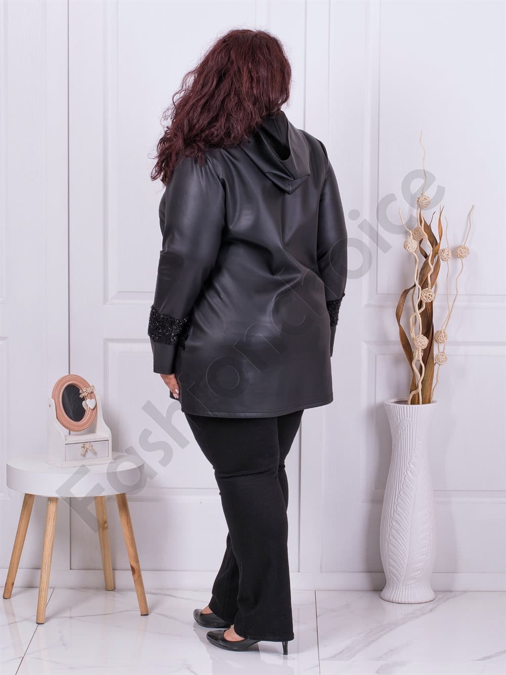Plus size έκο δερμάτινο ζακέτα με κουκούλα-μαύρο-κωδ 1340