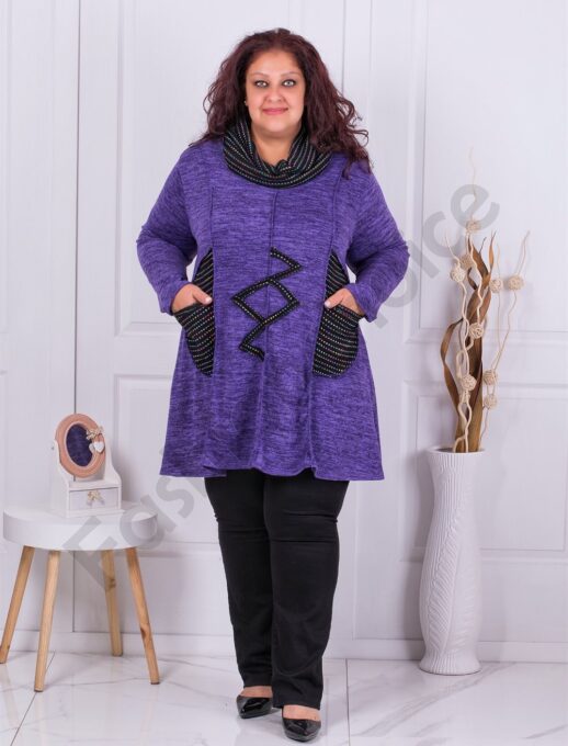 Plus size μακρύ τουνίκ ψιλό πλεκτό με κασκόλ-μωβ-κωδ 9504-1