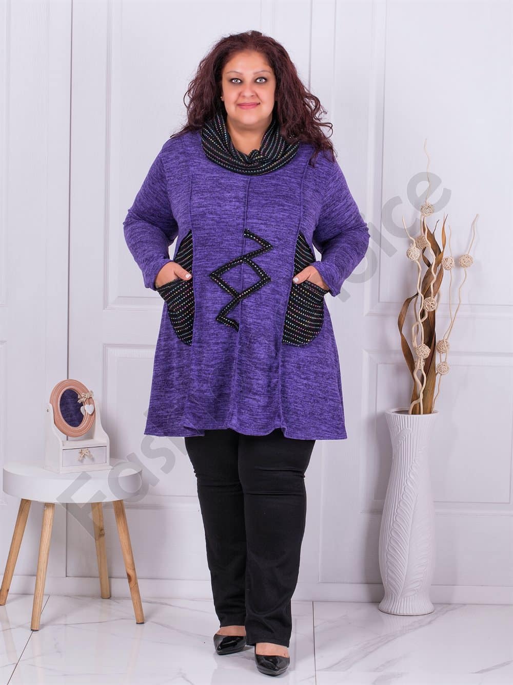 Plus size μακρύ τουνίκ ψιλό πλεκτό με κασκόλ-μωβ-κωδ 9504-1