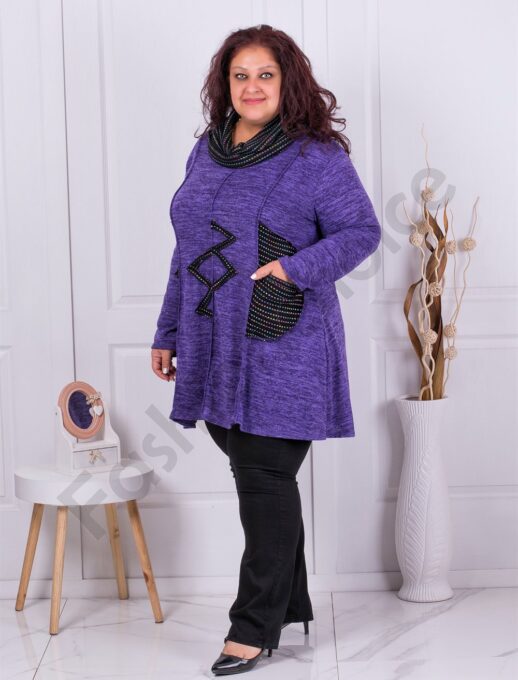 Plus size μακρύ τουνίκ ψιλό πλεκτό με κασκόλ-μωβ-κωδ 9504-1