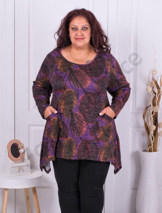 Plus size τουνίκ ψιλό πλεκτό με τύπωμα φύλλα-μωβ-κωδ 10987-4
