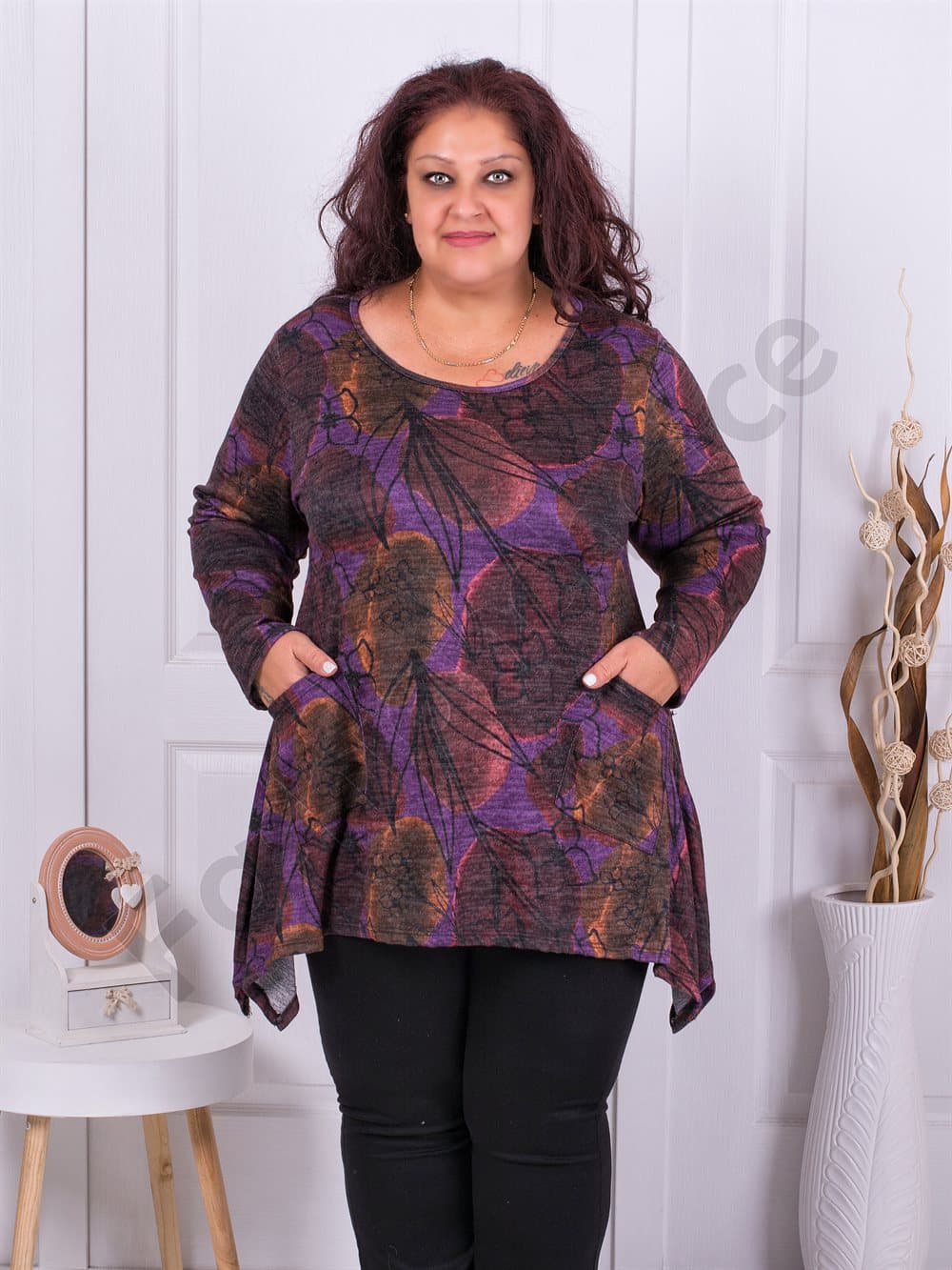 Plus size τουνίκ ψιλό πλεκτό με τύπωμα φύλλα-μωβ-κωδ 10987-4