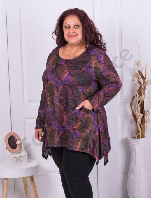 Plus size τουνίκ ψιλό πλεκτό με τύπωμα φύλλα-μωβ-κωδ 10987-4