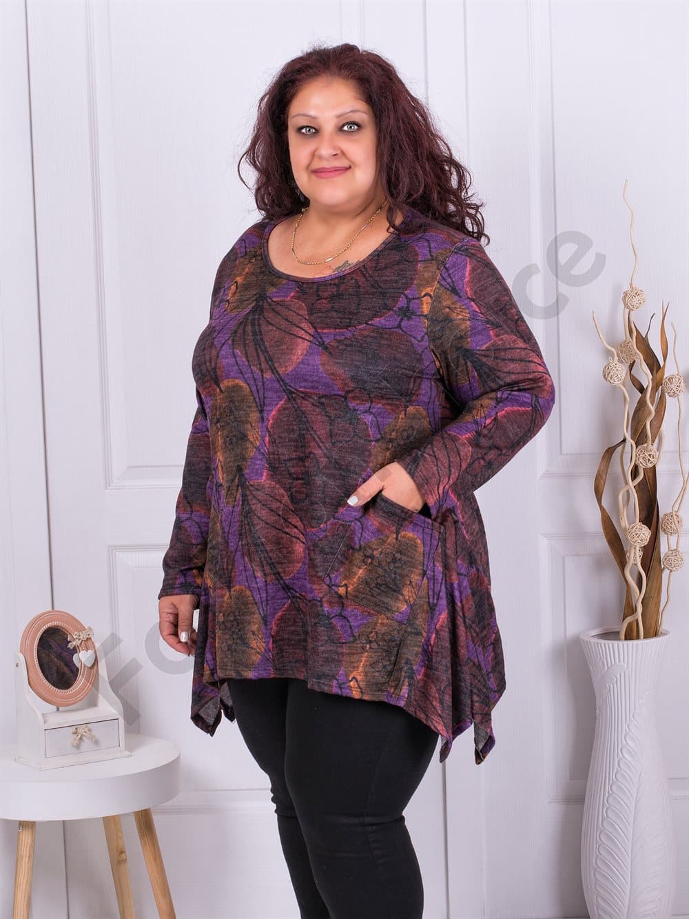 Plus size τουνίκ ψιλό πλεκτό με τύπωμα φύλλα-μωβ-κωδ 10987-4