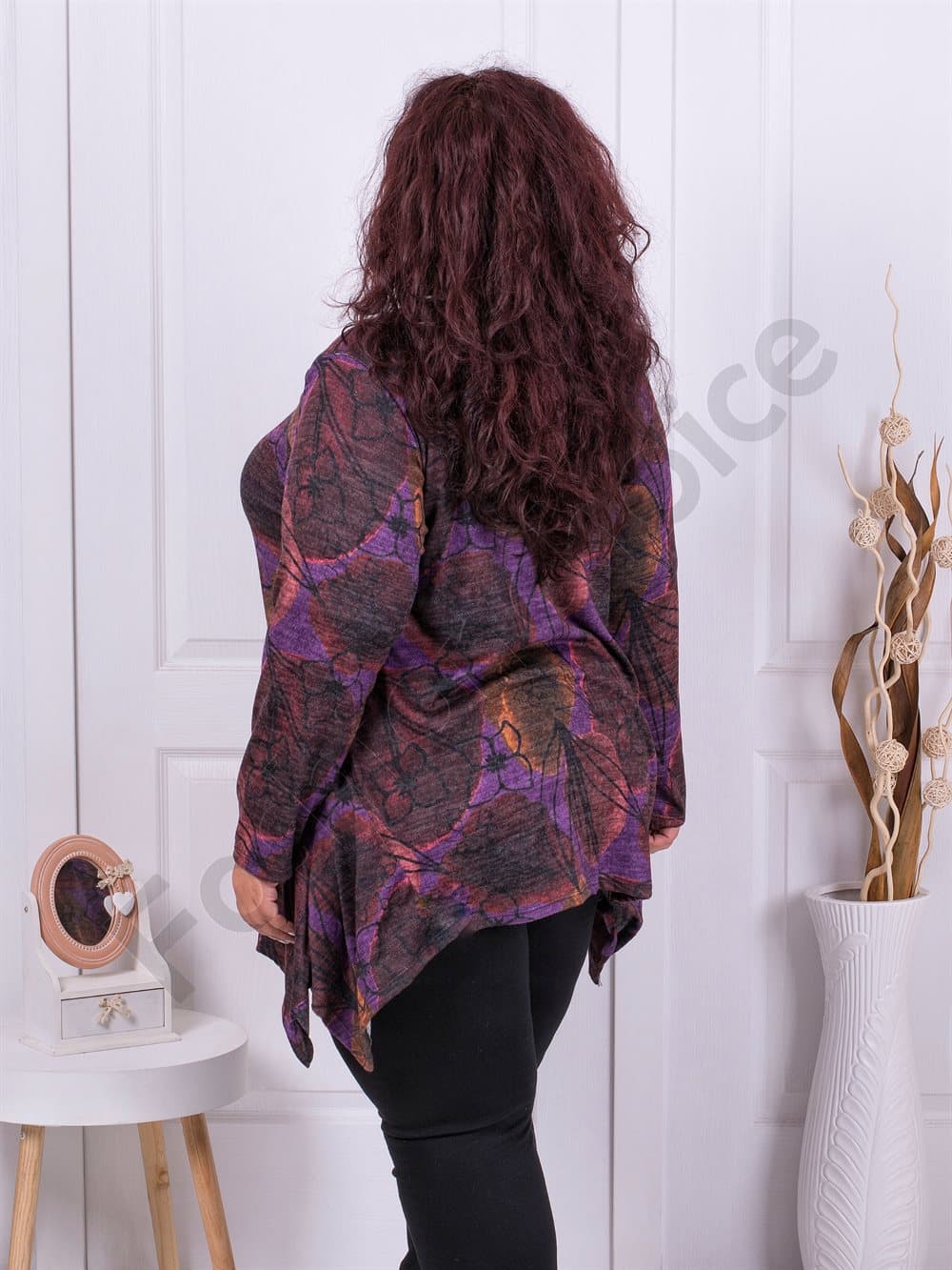 Plus size τουνίκ ψιλό πλεκτό με τύπωμα φύλλα-μωβ-κωδ 10987-4