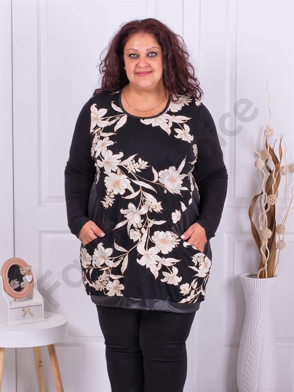 Plus size τουνίκ με μπεζ λουλούδια-κωδ 1303-17