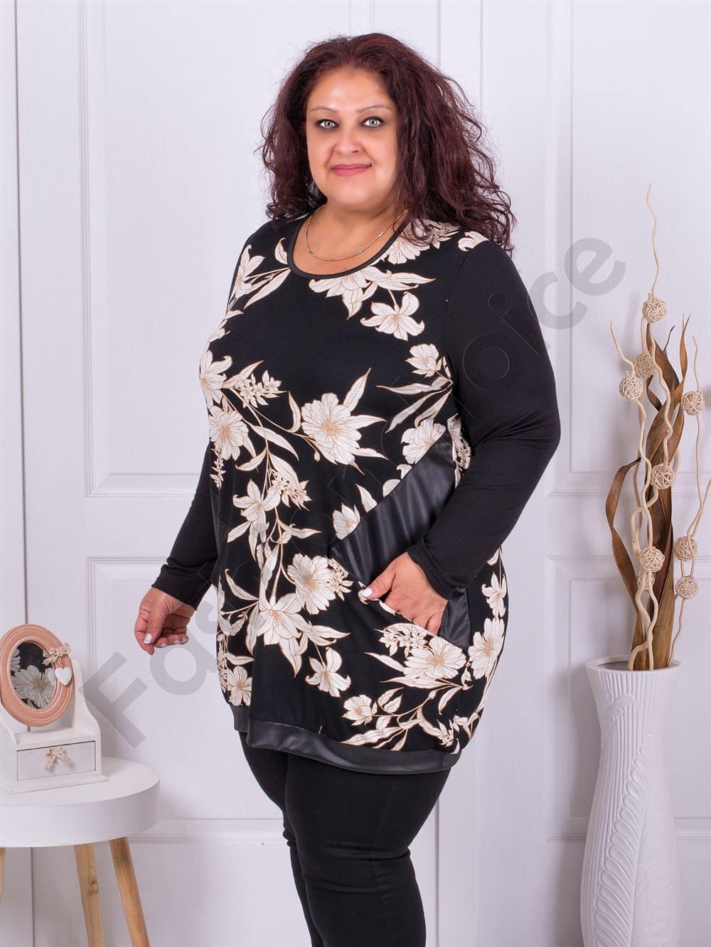 Plus size τουνίκ με μπεζ λουλούδια-κωδ 1303-17