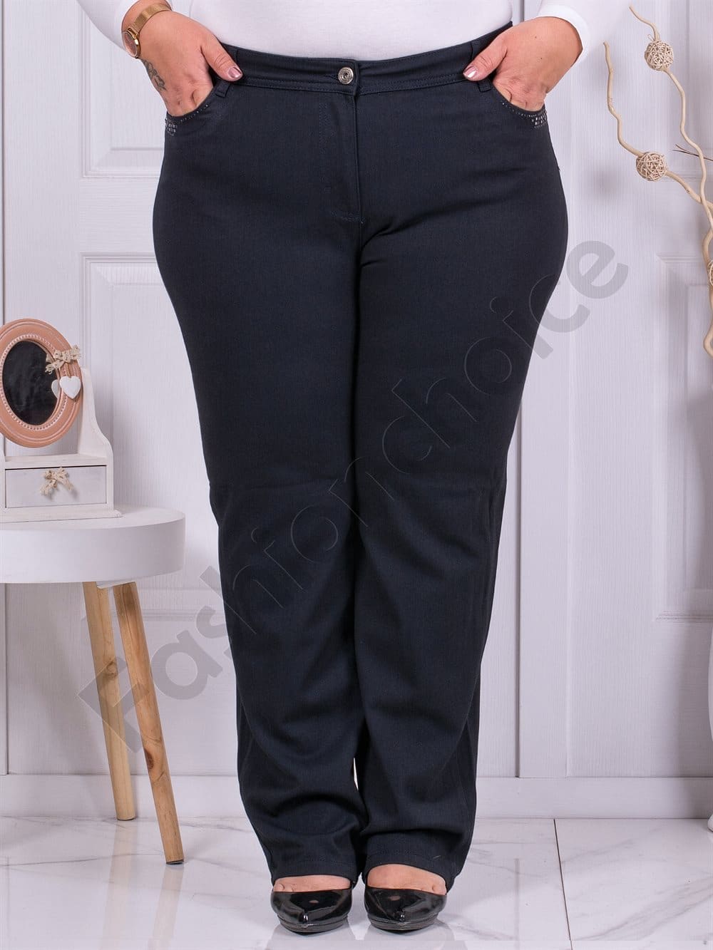 Plus size γυναικείο παντελόνι με διακριτικά στρας-μπλου μπλακ-κωδ 122-2