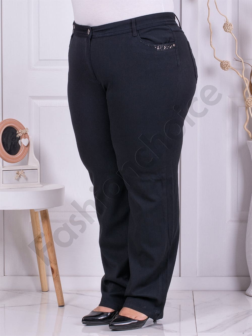 Plus size γυναικείο παντελόνι με διακριτικά στρας-μπλου μπλακ-κωδ 122-2