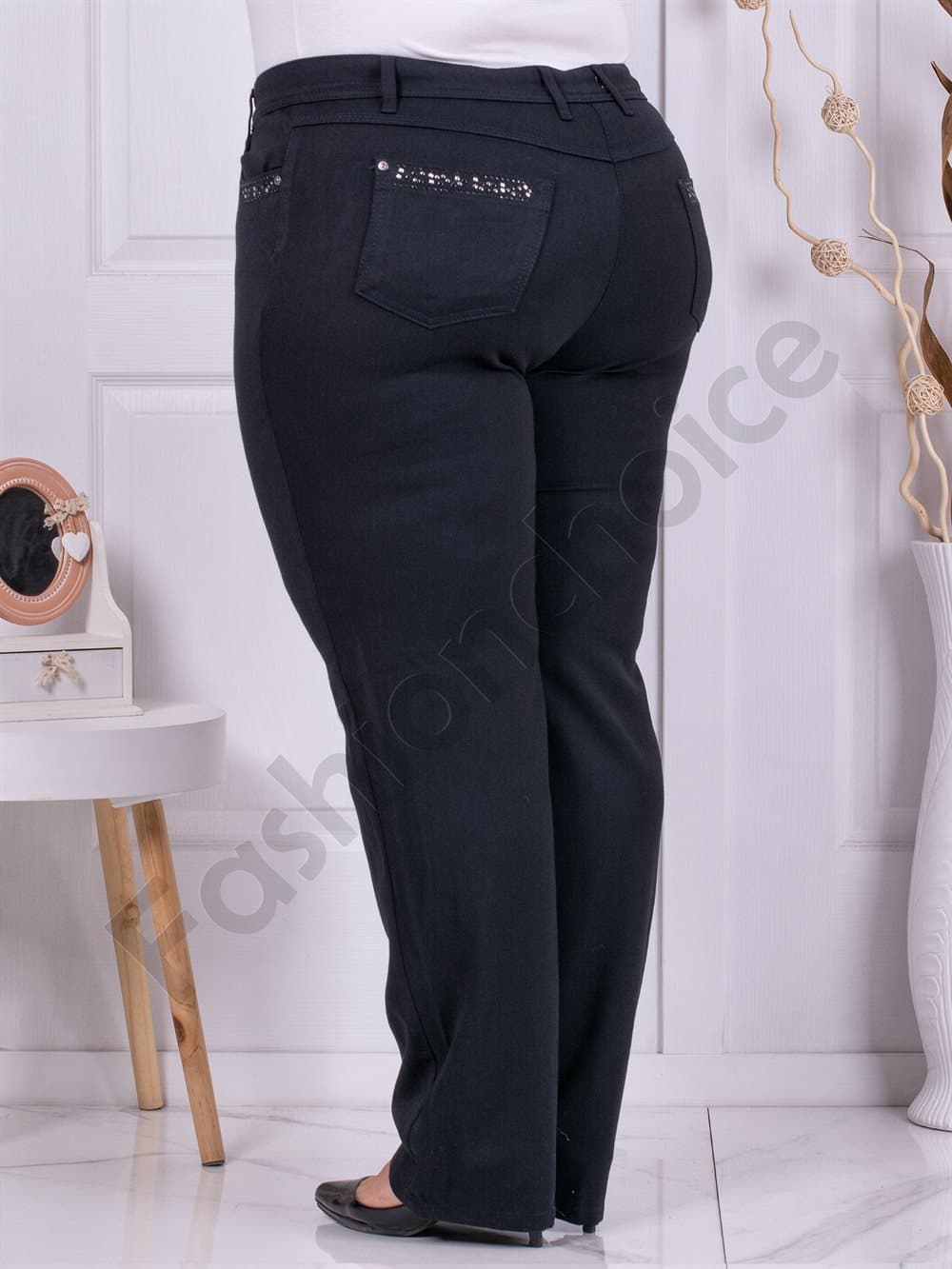 Plus size γυναικείο παντελόνι με διακριτικά στρας-μπλου μπλακ-κωδ 122-2