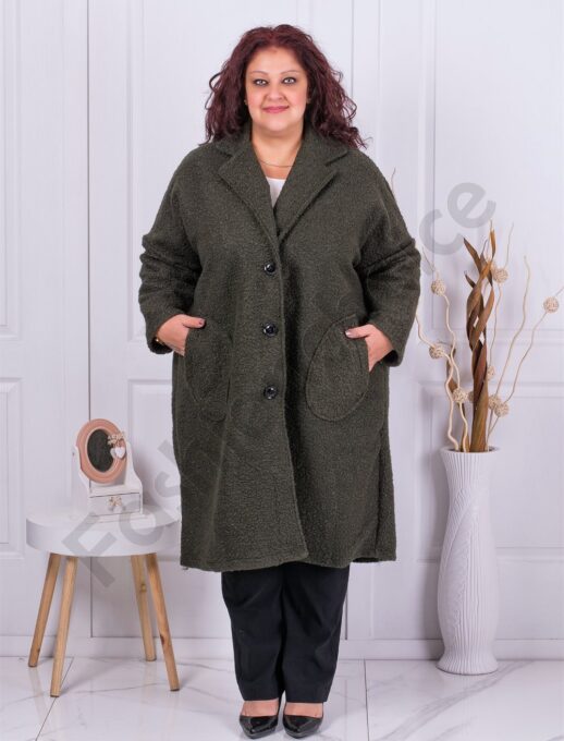 Plus size μακρύ μπουκλέ παλτό με πέτο-χακί-κωδ 2809-4