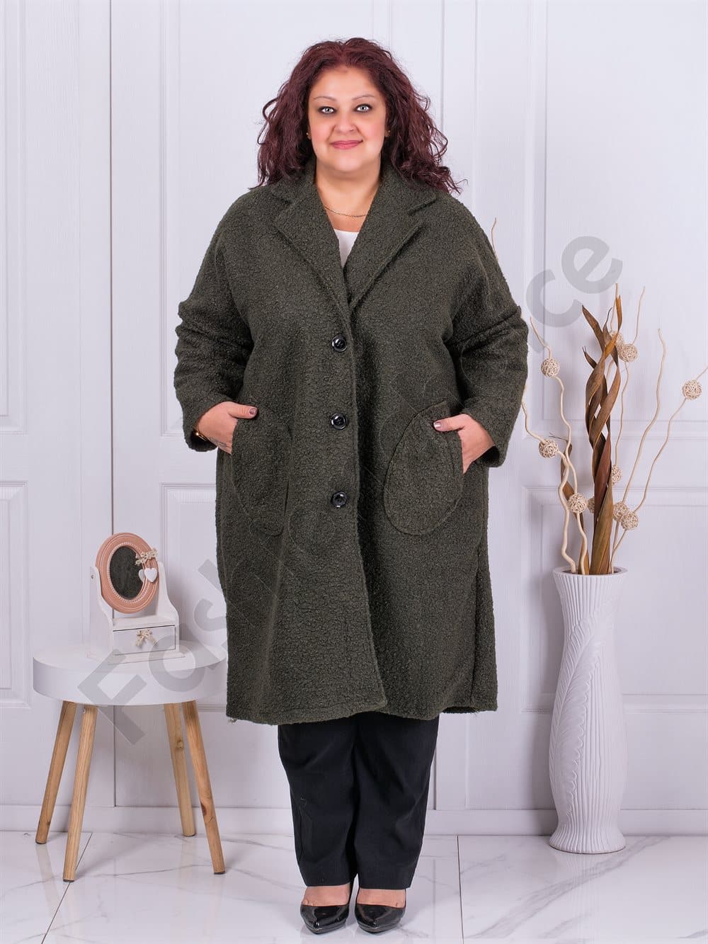 Plus size μακρύ μπουκλέ παλτό με πέτο-χακί-κωδ 2809-4