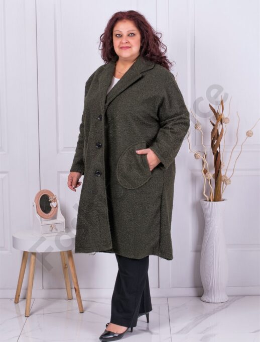Plus size μακρύ μπουκλέ παλτό με πέτο-χακί-κωδ 2809-4