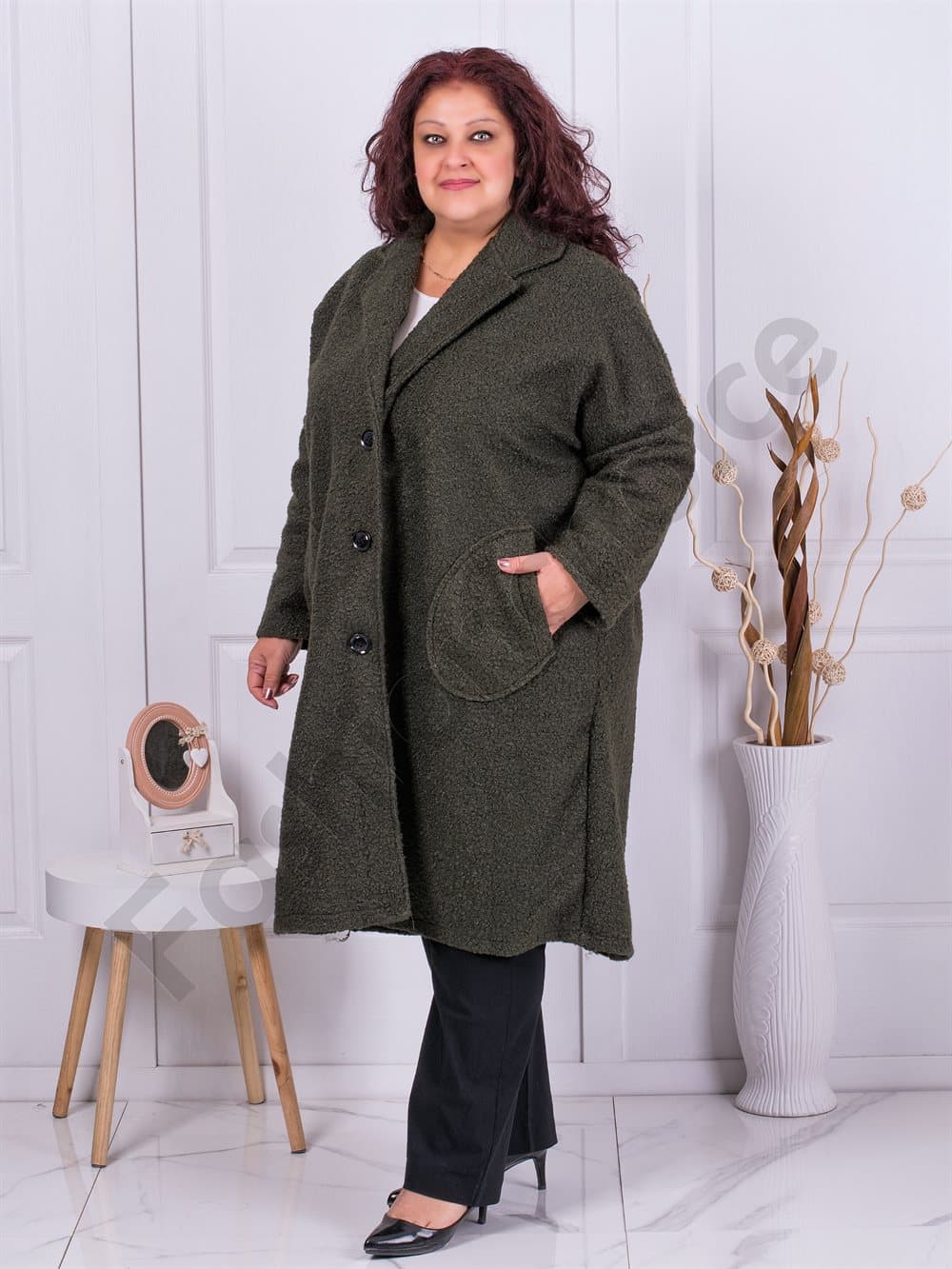Plus size μακρύ μπουκλέ παλτό με πέτο-χακί-κωδ 2809-4