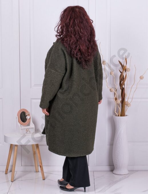 Plus size μακρύ μπουκλέ παλτό με πέτο-χακί-κωδ 2809-4