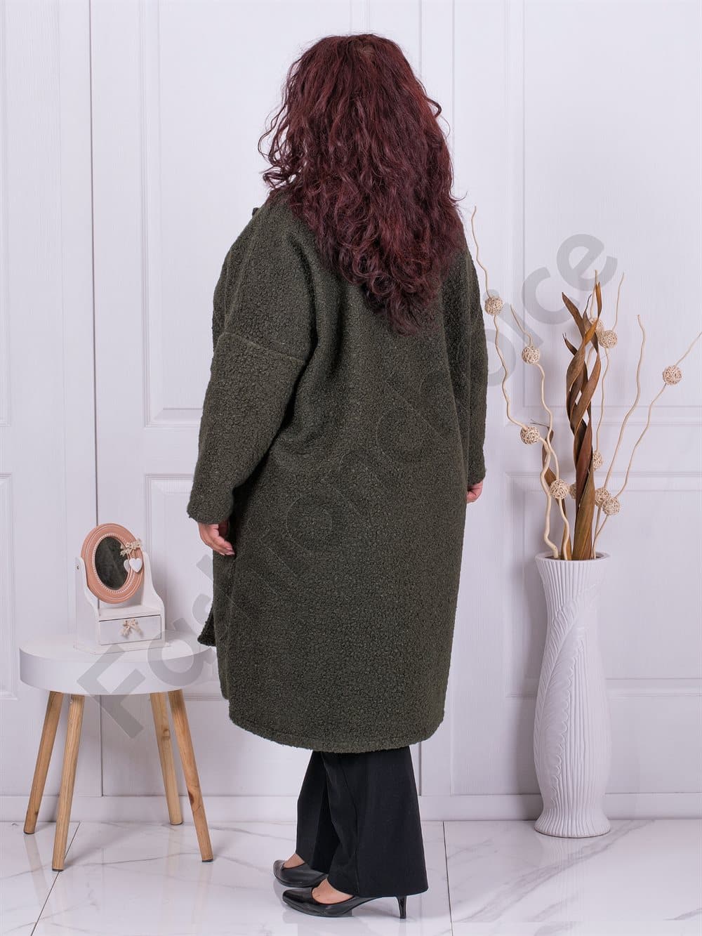 Plus size μακρύ μπουκλέ παλτό με πέτο-χακί-κωδ 2809-4