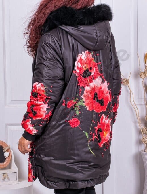 Plus size χειμωνιάτικο μπουφάν με κόκκινα λουλούδια-κωδ 71184