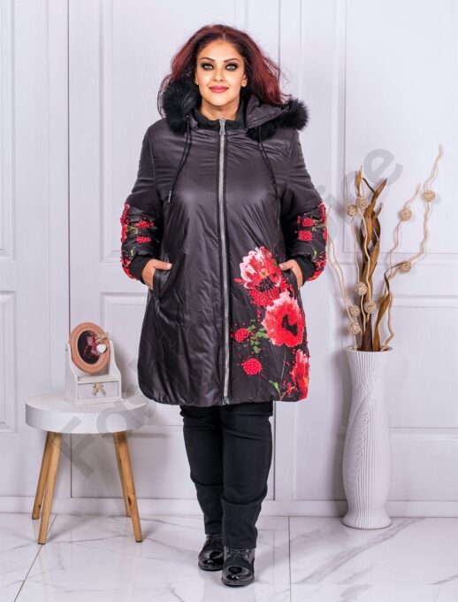 Plus size χειμωνιάτικο μπουφάν με κόκκινα λουλούδια-κωδ 71184