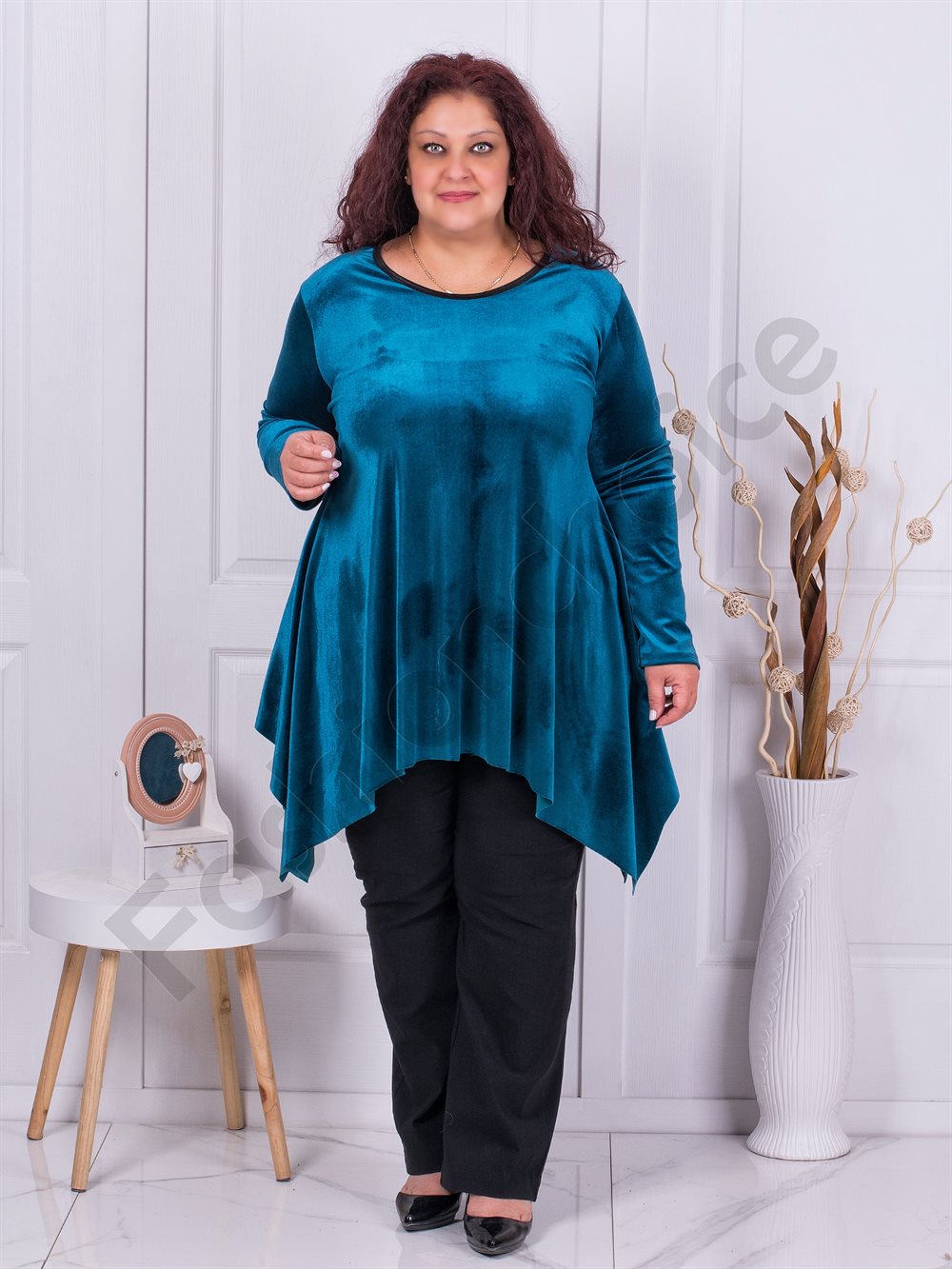Plus size βελούδινο τουνίκ σε πετρόλ χρώμα-κωδ 577-1