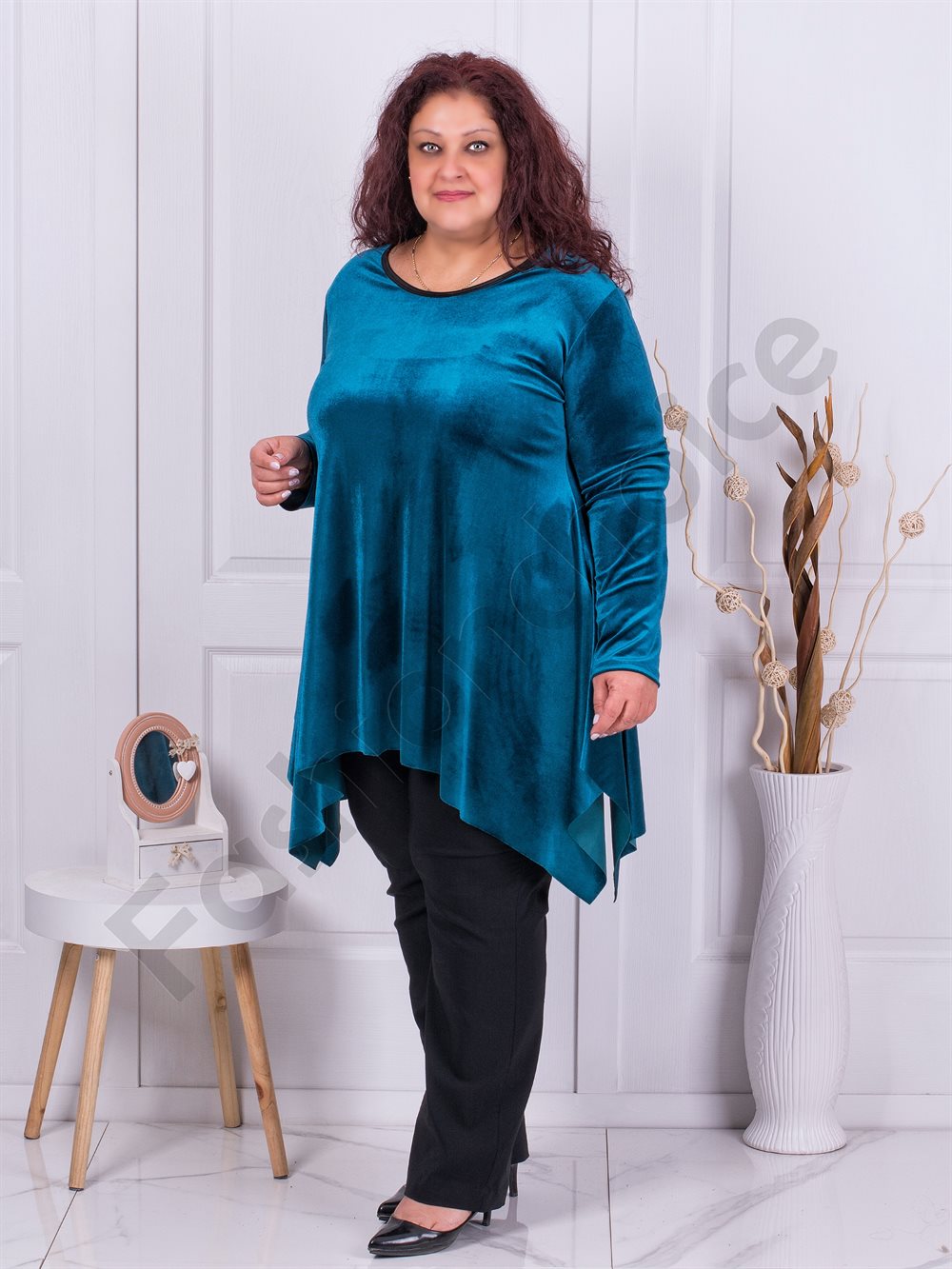 Plus size βελούδινο τουνίκ σε πετρόλ χρώμα-κωδ 577-1