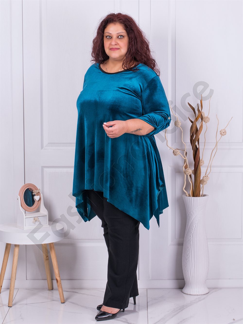 Plus size βελούδινο τουνίκ σε πετρόλ χρώμα-κωδ 577-1